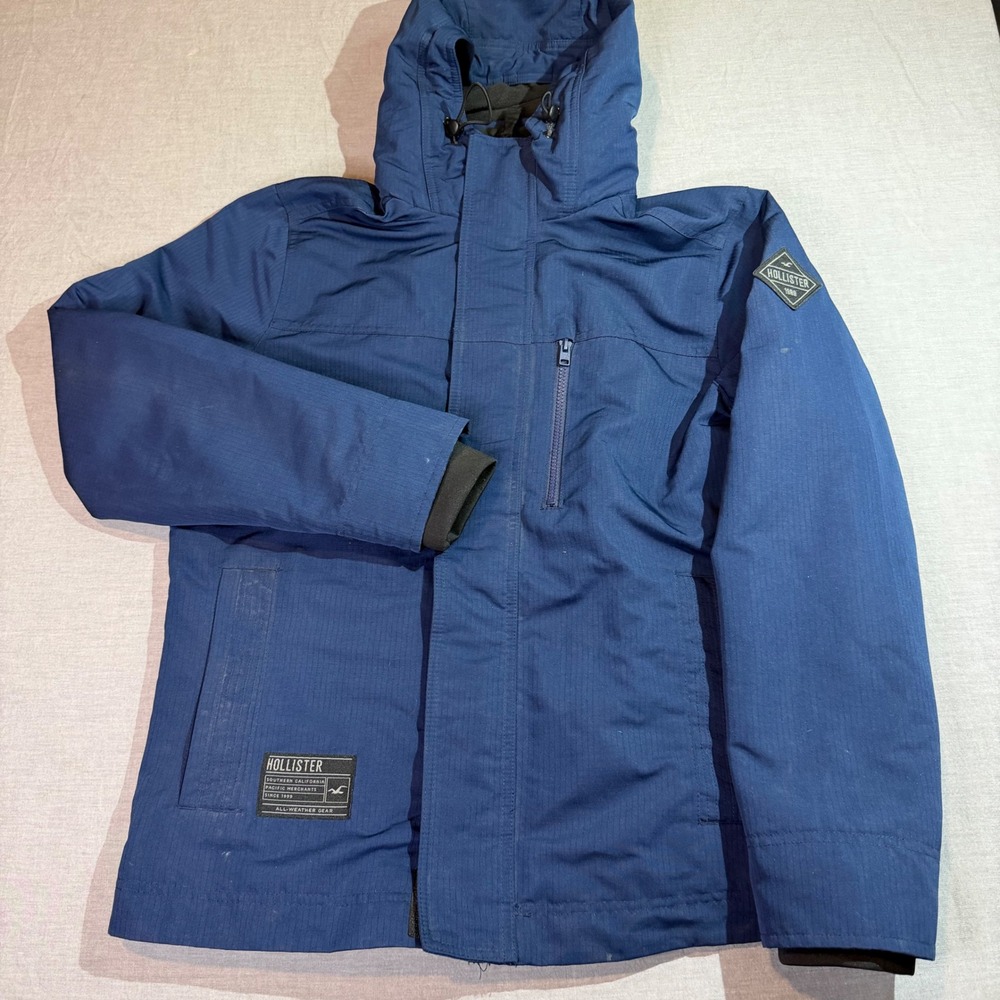 Hollister All-Weather Jacket Mens Small Navy Blue Good Fleece Lined Ripstop Hood